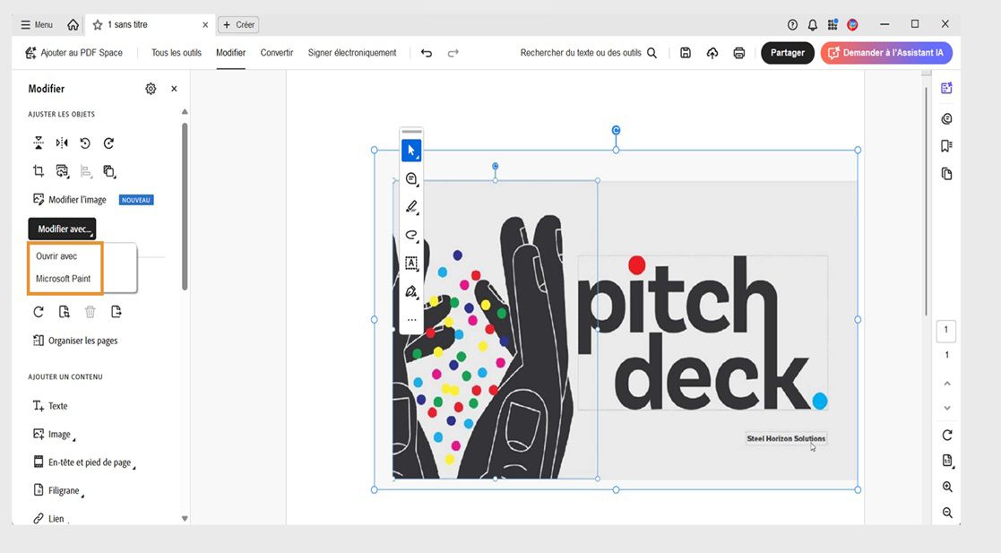 Le menu Modifier avec dans le panneau Modifier affiche deux options : Ouvrir avec et Microsoft Paint.