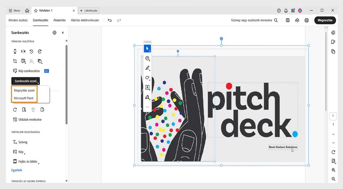 A Szerkesztés panel Szerkesztés a következővel menüje két lehetőséget jelenít meg: Megnyitás a következővel és Microsoft Paint.