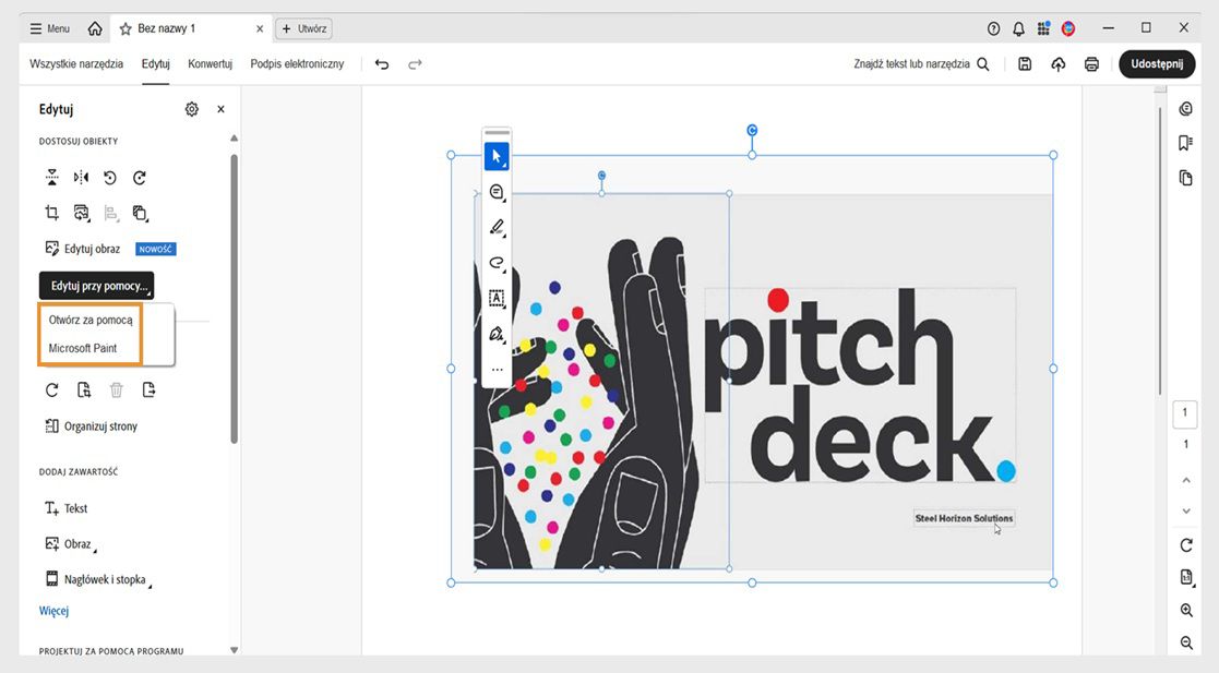 Menu Edytuj za pomocą w panel Edycja wyświetla dwie opcje: Otwórz za pomocą i Microsoft Paint.