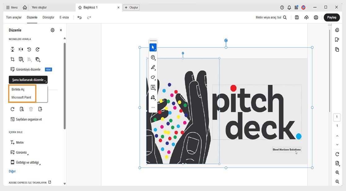 Düzenle panelindeki Şununla düzenle menüsü, Şununla aç ve Microsoft Paint olmak üzere iki seçenek gösterir.