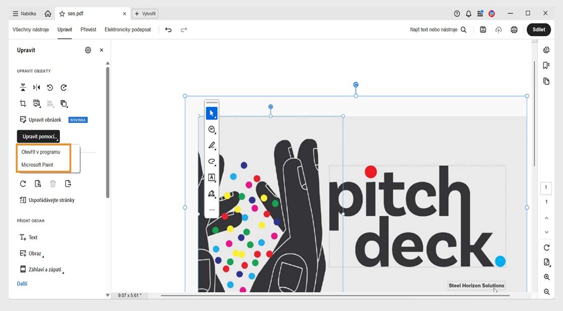 Nabídka Upravit pomocí v panelu Upravit zobrazuje dvě možnosti: Otevřít pomocí a Microsoft Paint.