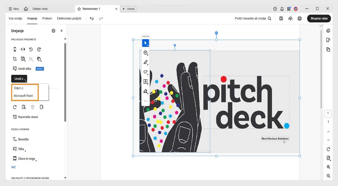 Meni Uredi z uporabo v podoknu Urejanje prikazuje dve možnosti: Odpri z in Microsoft Paint.