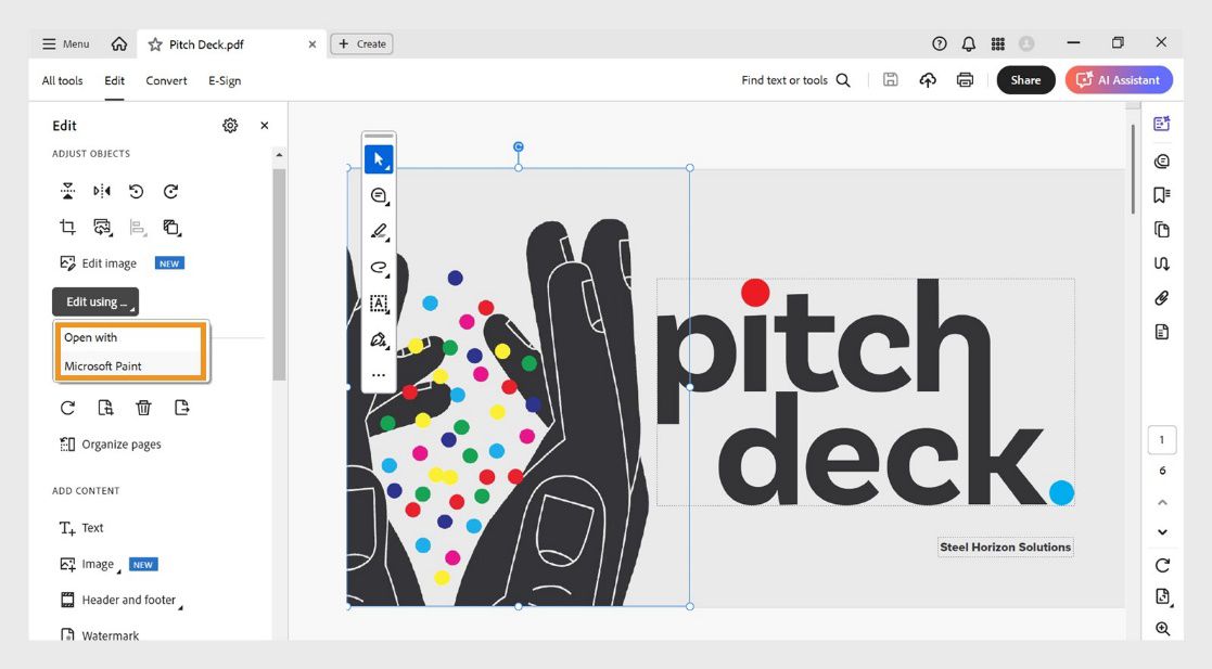 התפריט Edit using בלוח Edit מציג שתי אפשרויות: Open with ו-Microsoft Paint.