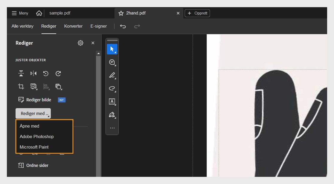 Rediger med-menyen i Rediger-panelet viser to alternativer: «Åpne med» og «Microsoft Paint».