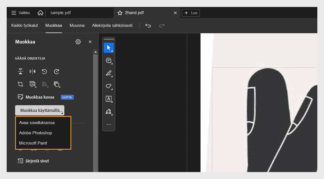 Muokkaa-paneelin Muokkaa käyttäen -valikossa on kaksi vaihtoehtoa: Avaa sovelluksella ja Microsoft Paint.