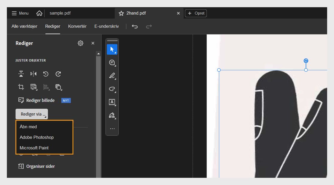 Menuen Rediger med i panelet Rediger viser de to valgmuligheder Åbn med og Microsoft Paint.