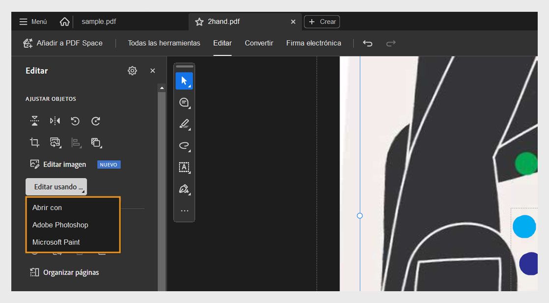 El menú Editar con en el panel Editar muestra dos opciones: Abrir con y Microsoft Paint.