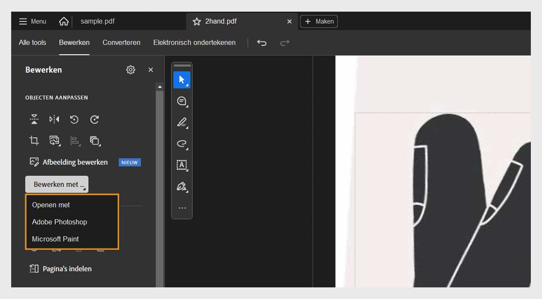 Het menu Bewerken met in het deelvenster Bewerken toont twee opties: Openen met en Microsoft Paint.
