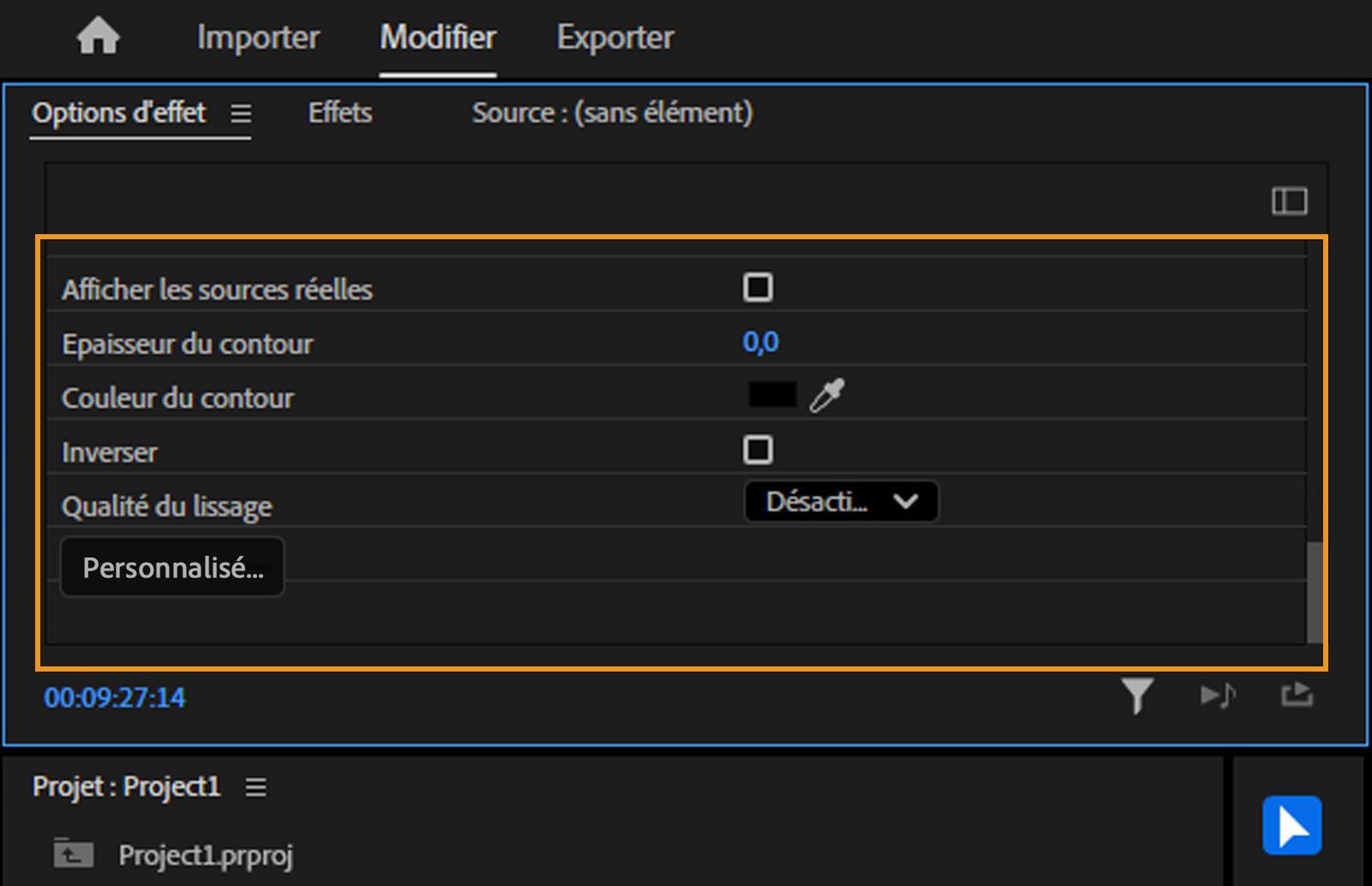 Le panneau Options d’effet affiche les paramètres de transition, notamment l’épaisseur du contour, la couleur du contour et d’autres options personnalisables.Vous pouvez modifier les paramètres de transition pour adapter le style visuel et le minutage de vos montages vidéo.