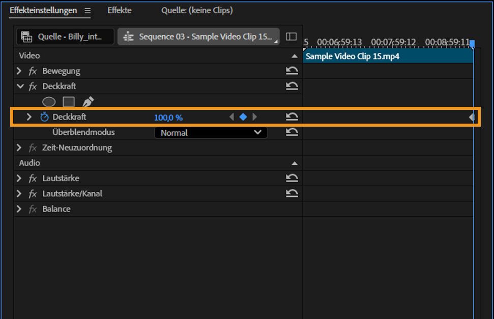 Im Bedienfeld „Effekteinstellungen“ ist für einen Beispiel-Video-Clip die Eigenschaft „Deckkraft“ ausgewählt und der Regler auf 100 % eingestellt.