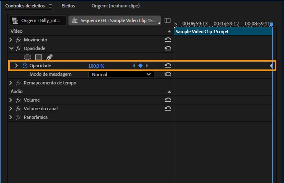 O painel Controles de Efeito tem a propriedade Opacidade selecionada e o controle definido como 100% para um clipe de vídeo de exemplo.