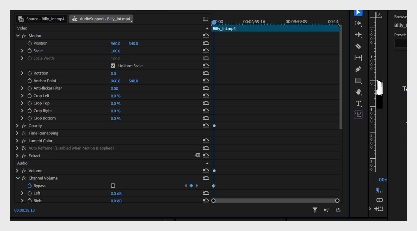 El panel Effect Controls está abierto y muestra los efectos de vídeo y audio aplicados al clip, junto con sus propiedades ajustables.