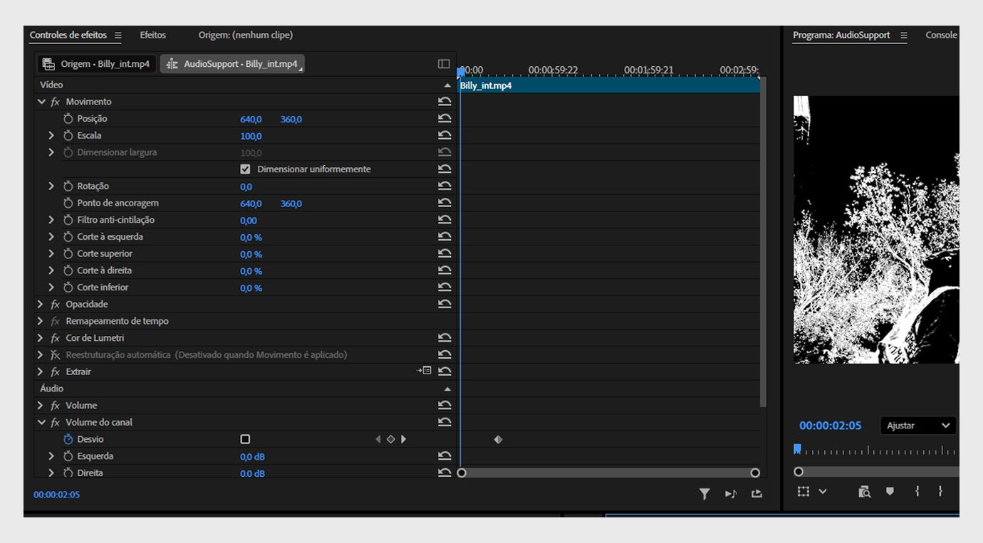 O painel “Controles do efeito” está aberto, exibindo os efeitos de vídeo e áudio aplicados ao clipe, junto com suas propriedades ajustáveis.