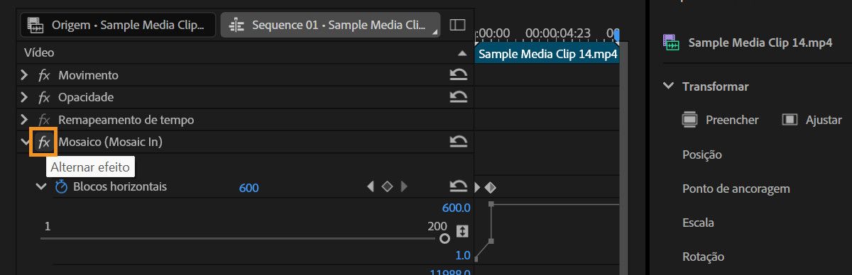 O painel “Controles do efeito” está aberto, e o botão de alternância de efeitos para os efeitos aplicados está realçado para ativá-los ou desativá-los.