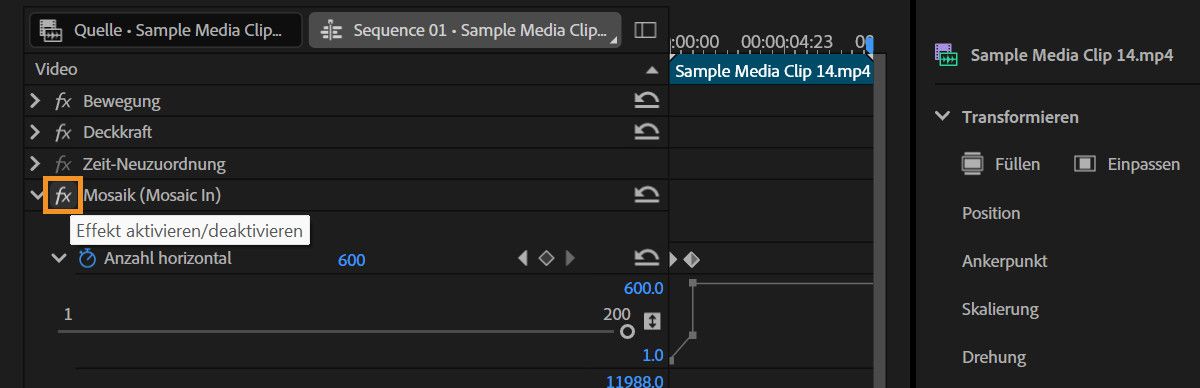 Das Bedienfeld „Effekteinstellungen“ ist geöffnet und der Effektumschalter zum Ein- oder Ausschalten der angewendeten Effekte ist hervorgehoben.