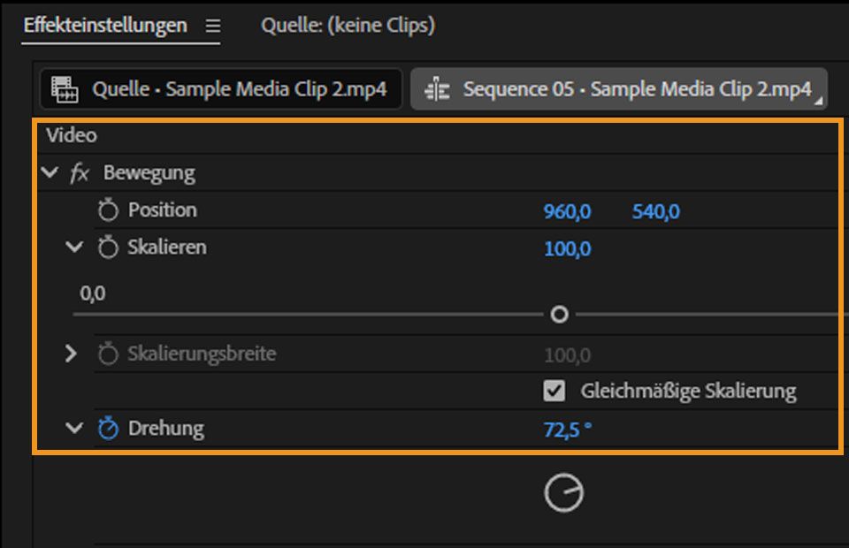 Das Bedienfeld „Effekteinstellungen“ in Premiere Pro, wobei der Effekt „Bewegung“ erweitert ist und seine Steuerelementen angezeigt werden.
