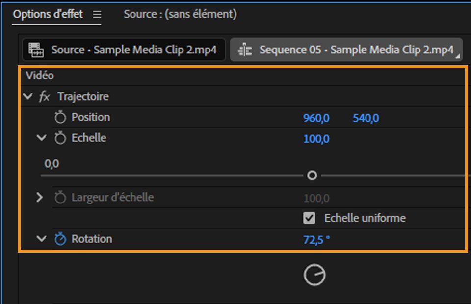 Panneau Options d'effet de Premiere Pro, avec l'effet Trajectoire développé, affichant les différentes options disponibles.