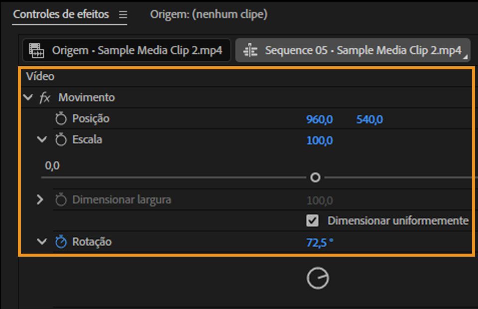 O painel Controles de efeito no Premiere Pro com o efeito Movimento expandido para mostrar seus controles.