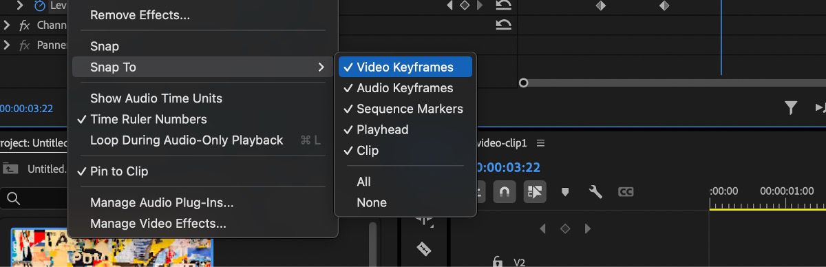 Le Impostazioni dei Controlli effetti sono aperte e Fotogrammi chiave video è selezionato sotto le options di Aggancio a.