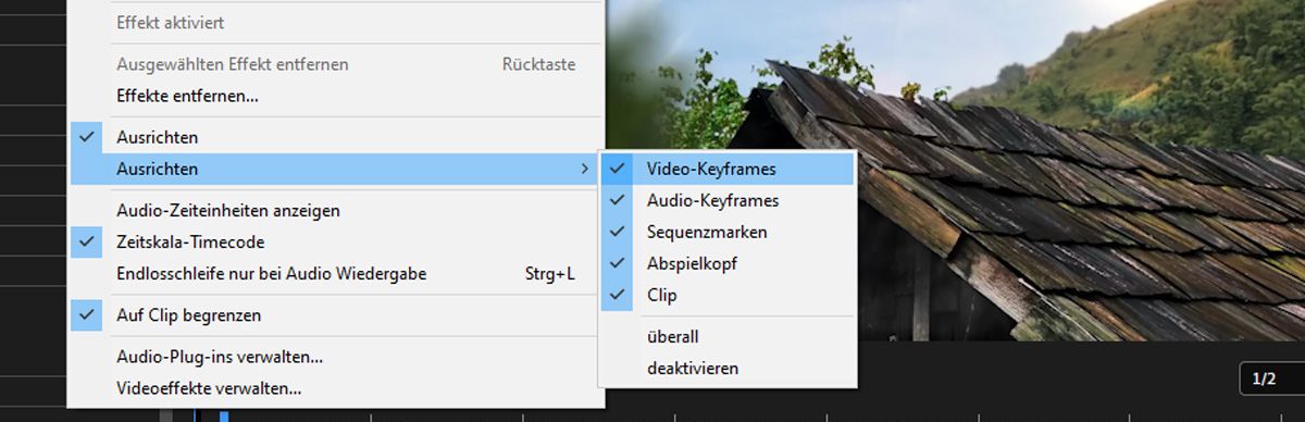 Die Effekteinstellungen sind geöffnet und „Video-Keyframes“ ist unter den Optionen zum Ausrichten ausgewählt.