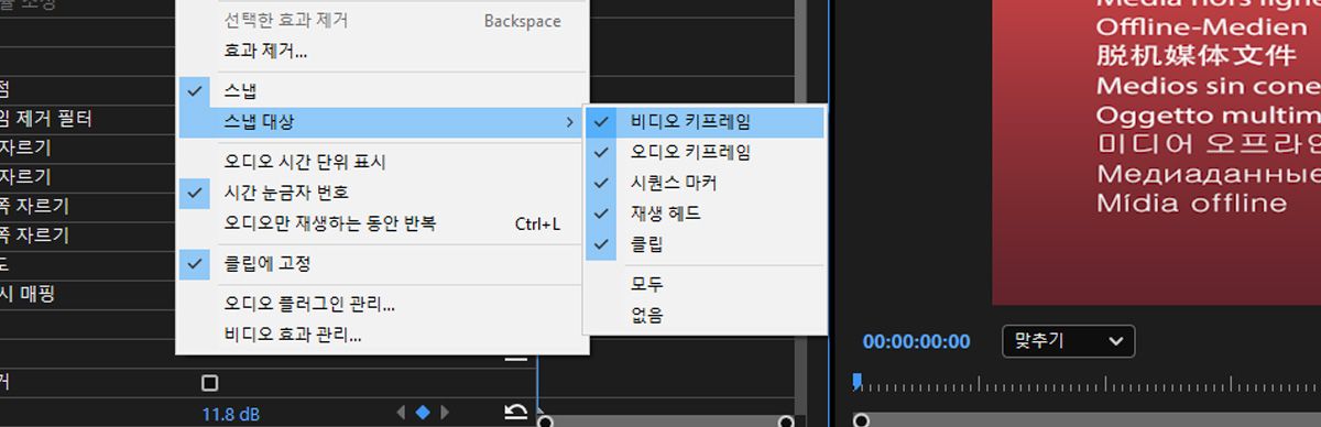 효과 컨트롤 설정이 열려 있고 스냅 대상 옵션에서 비디오 키프레임이 선택되어 있습니다.