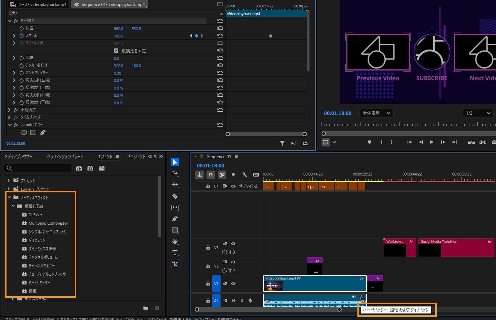 エフェクトパネルが開いており、オーディオエフェクトがハイライトされています。タイムラインが表示され、マウスがオーディオクリップの上にホバーし、適用されたエフェクトを示しています。