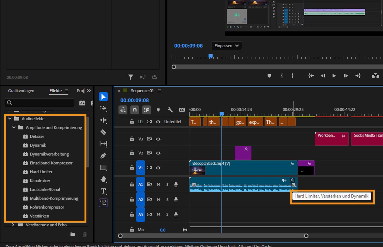 Das Effekte-Bedienfeld ist geöffnet und Audioeffekte sind hervorgehoben.Das Schnittfenster wird angezeigt und der Mauszeiger ist über einem Audio-Clip positioniert, wobei die darauf angewendeten Effekte angezeigt werden.