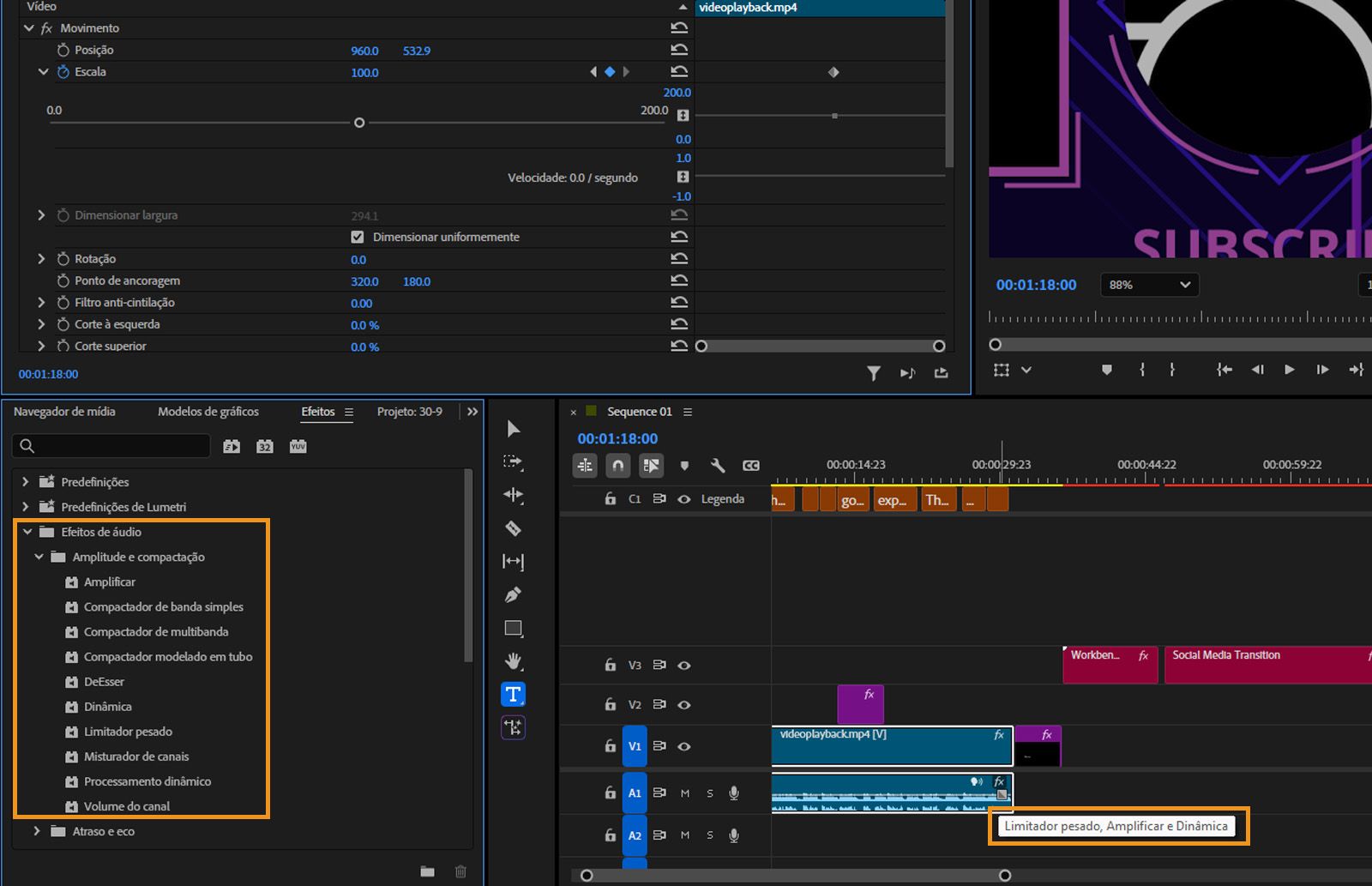 O painel Efeitos está aberto com Efeitos de Áudio em destaque.A Linha do tempo é exibida e o mouse paira sobre um clipe de áudio, mostrando seus efeitos aplicados.