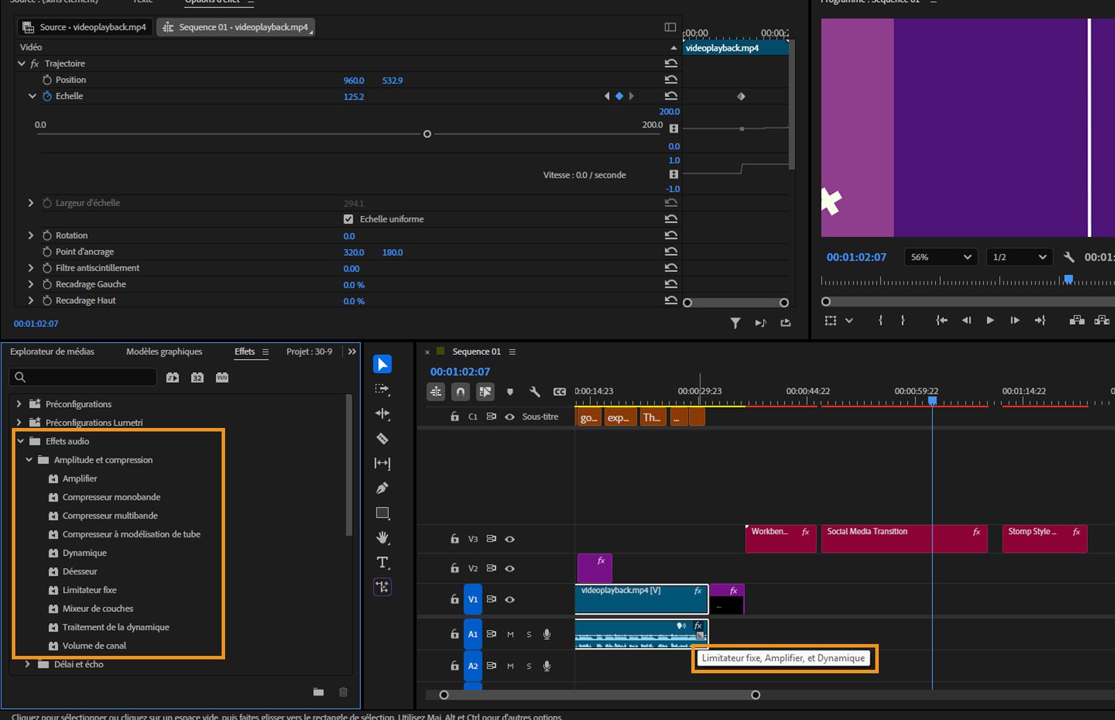 Le panneau Effets est ouvert avec les effets audio mis en évidence.Le montage s’affiche, et la souris survole un clip audio, montrant ses effets appliqués.