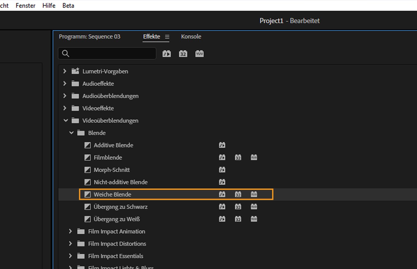 Das Bedienfeld „Effekte“ ist geöffnet und in der Liste der Effekte ist die Überblendung „Weiche Blende“ hervorgehoben.