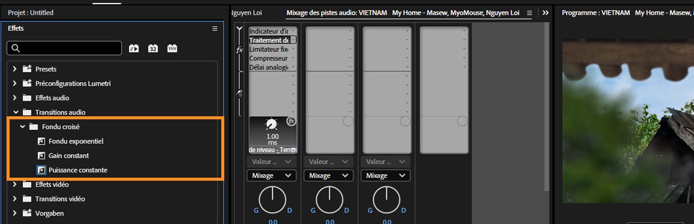 Le panneau Effets affiche les trois transitions de fondu croisé, notamment Gain constant, Puissance constante et Fondu exponentiel.
