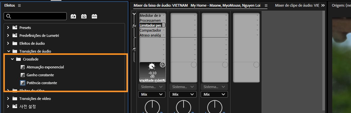 O painel Efeitos mostra as três transições de crossfade, incluindo Ganho constante, Potência constante e Fade exponencial.