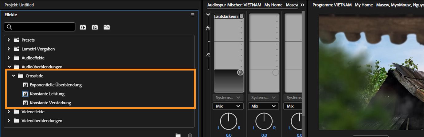 Im Bedienfeld „Effekte“ werden die drei Überblendübergänge „Konstante Verstärkung“, „Konstante Leistung“ und „Exponentielle Überblendung“ angezeigt.