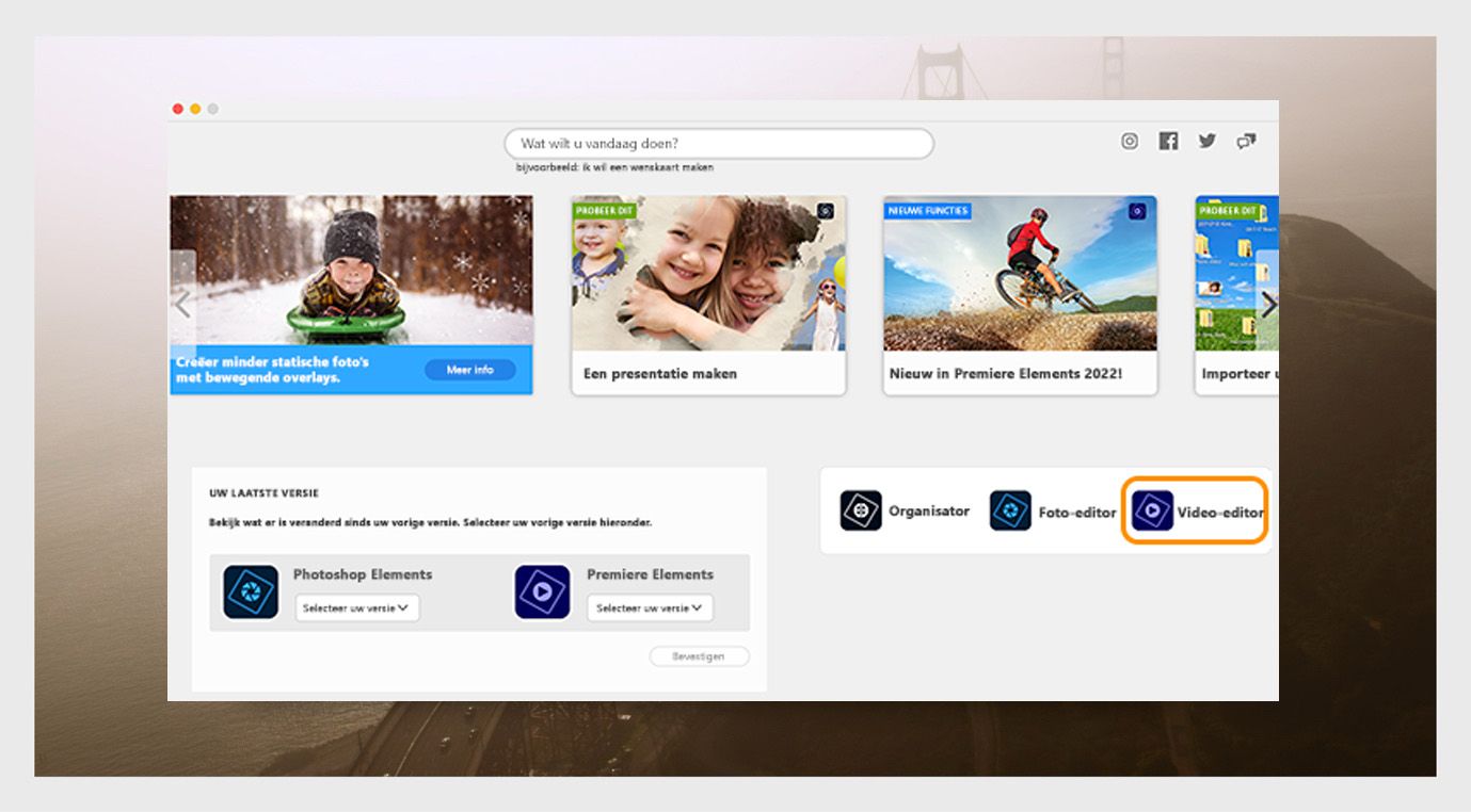 Het venster van de Elements-app toont de opties om Photoshop Elements te openen en het vervolgkeuzemenu om de versie van de app te selecteren. 