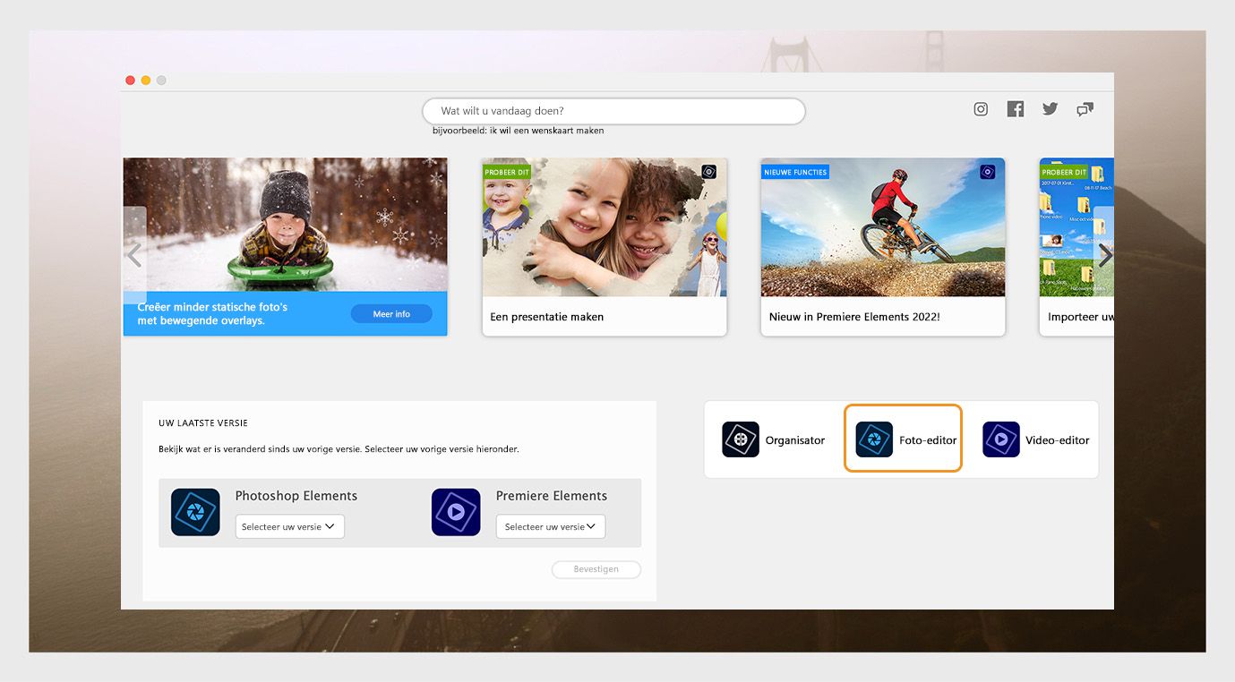 Het venster van de Elements-app toont de opties om Photoshop Elements te openen en het vervolgkeuzemenu om de versie van de app te selecteren. 