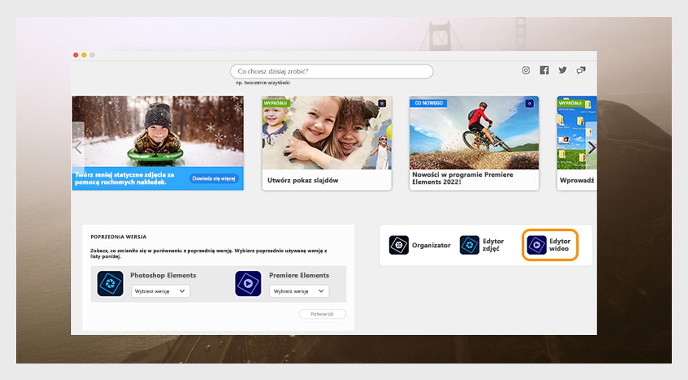 Okno aplikacji Elements pokazuje opcje otwierania produktu Photoshop Elements oraz menu rozwijane umożliwiające wybór wersji aplikacji.