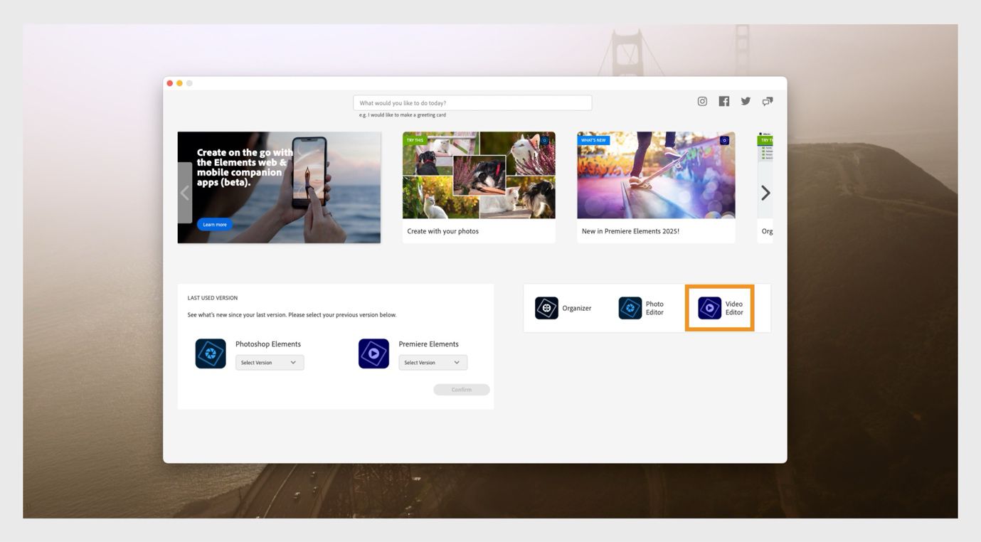Fereastra aplicației Elements afișează opțiunile pentru a deschide Photoshop Elements și meniul derulant pentru a selecta versiunea aplicației. 