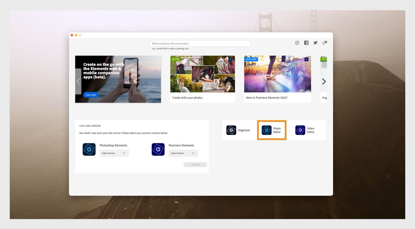 Fereastra aplicației Elements afișează opțiunile pentru a deschide Photoshop Elements și meniul derulant pentru a selecta versiunea aplicației. 
