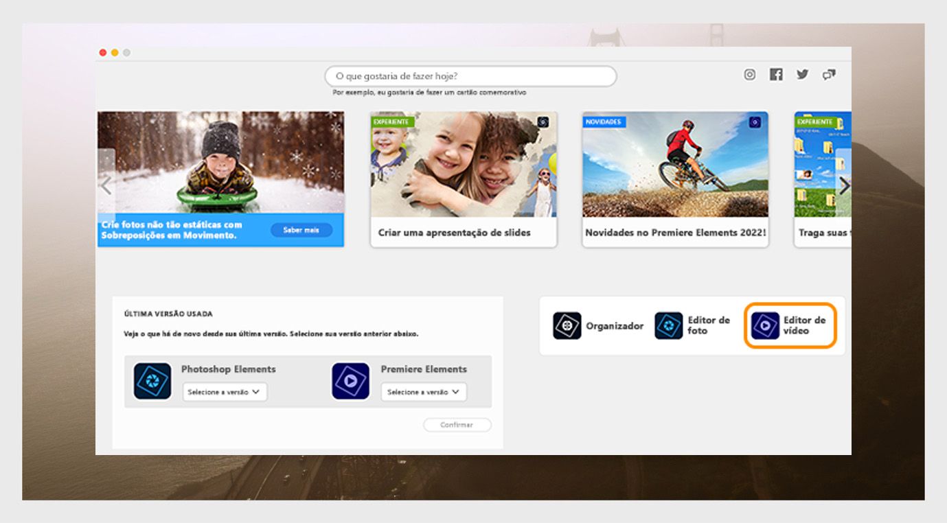 A janela do aplicativo do Elements mostra as opções de abrir o Photoshop Elements e o menu suspenso para selecionar a versão do aplicativo. 