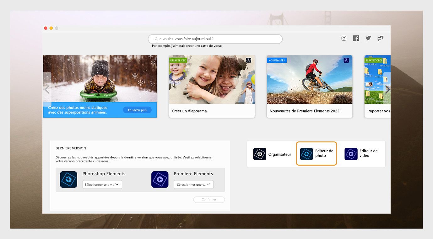 La fenêtre de l'application Elements affiche les options pour ouvrir Photoshop Elements et le menu déroulant pour sélectionner la version de l'application.