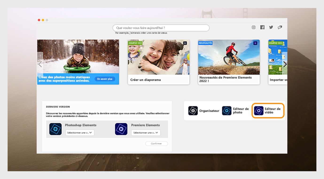 La fenêtre de l'application Elements affiche les options pour ouvrir Photoshop Elements et le menu déroulant pour sélectionner la version de l'application. 