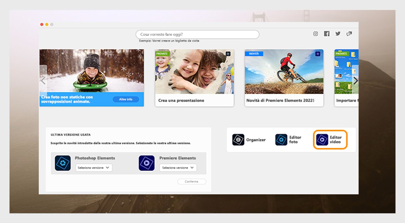 La finestra dell’applicazione Elements mostra le opzioni per aprire Photoshop Elements e il menu a discesa per selezionare la versione dell’applicazione.