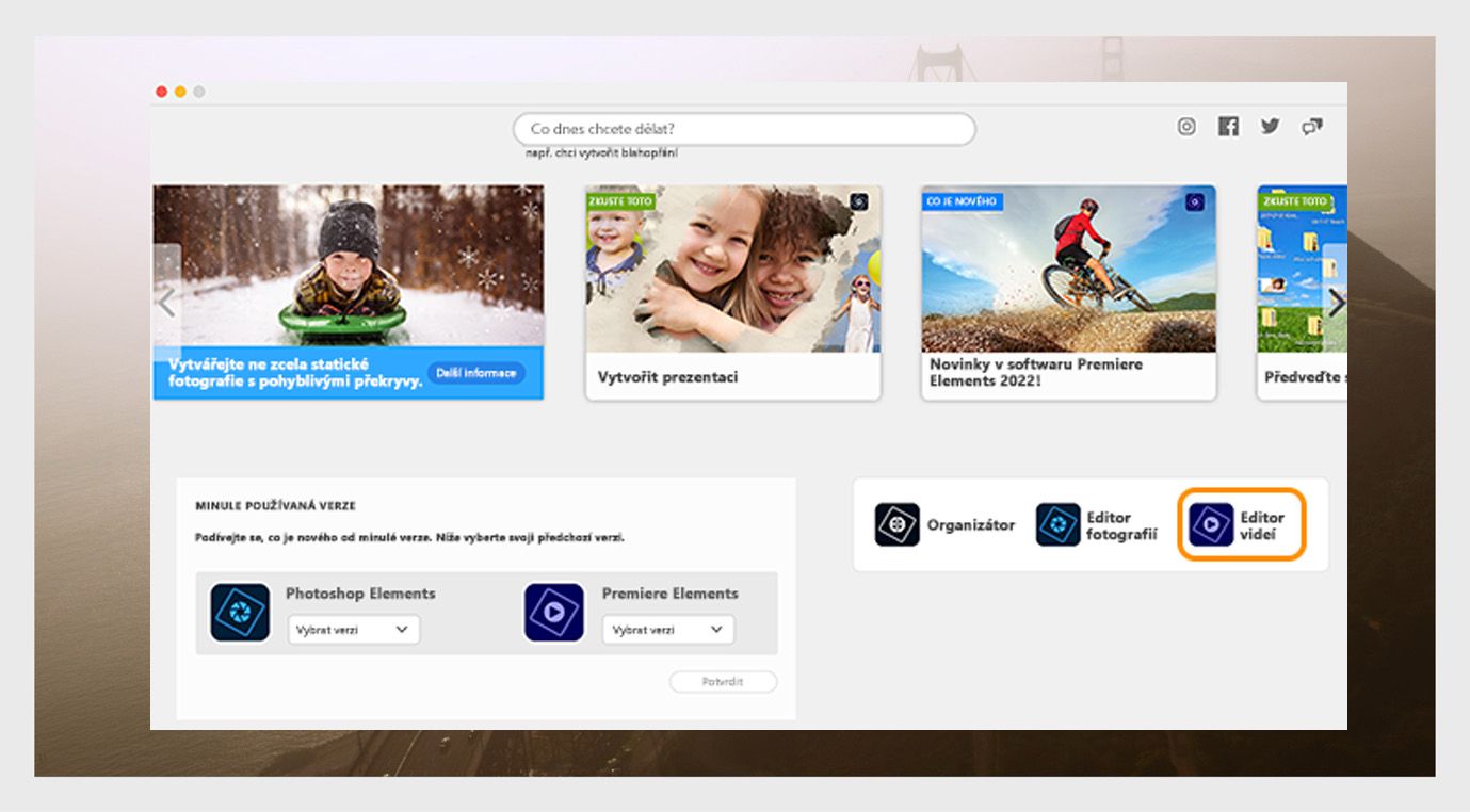 Okno aplikace Elements zobrazuje možnosti otevření aplikace Photoshop Elements a rozbalovací nabídku pro výběr verze aplikace. 