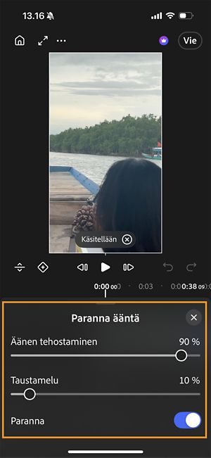Äänitehostuspaneeli, jossa on liukusäätimet äänitehosteille ja taustakohinalle sekä Tehosta-valinta kytkettynä päälle.