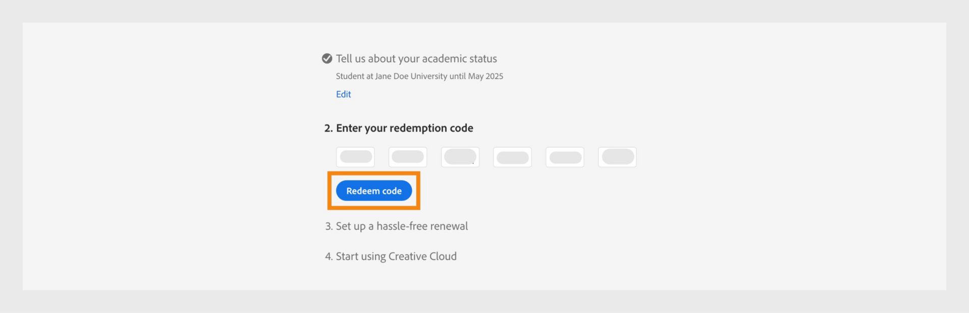 Der Abschnitt „Gib deinen Einlösecode ein&quot; bietet die Felder zur Eingabe deines 24-stelligen Einlösecodes und den Button zum Einlösen des Codes.