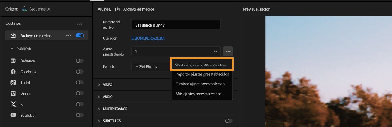 La pestaña Exportación está abierta y la opción para guardar el ajuste preestablecido está resaltada.