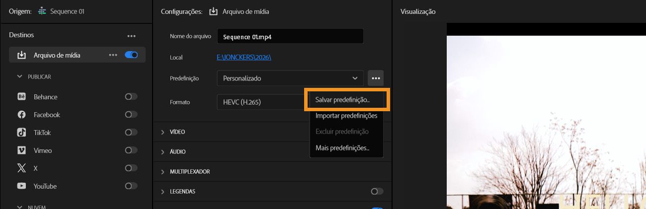 A guia Exportação está aberta e a opção para salvar a predefinição está destacada.