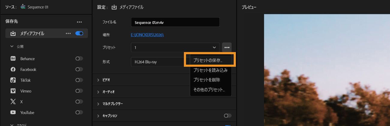 書き出しタブが開いており、プリセットを保存するオプションがハイライト表示されています。