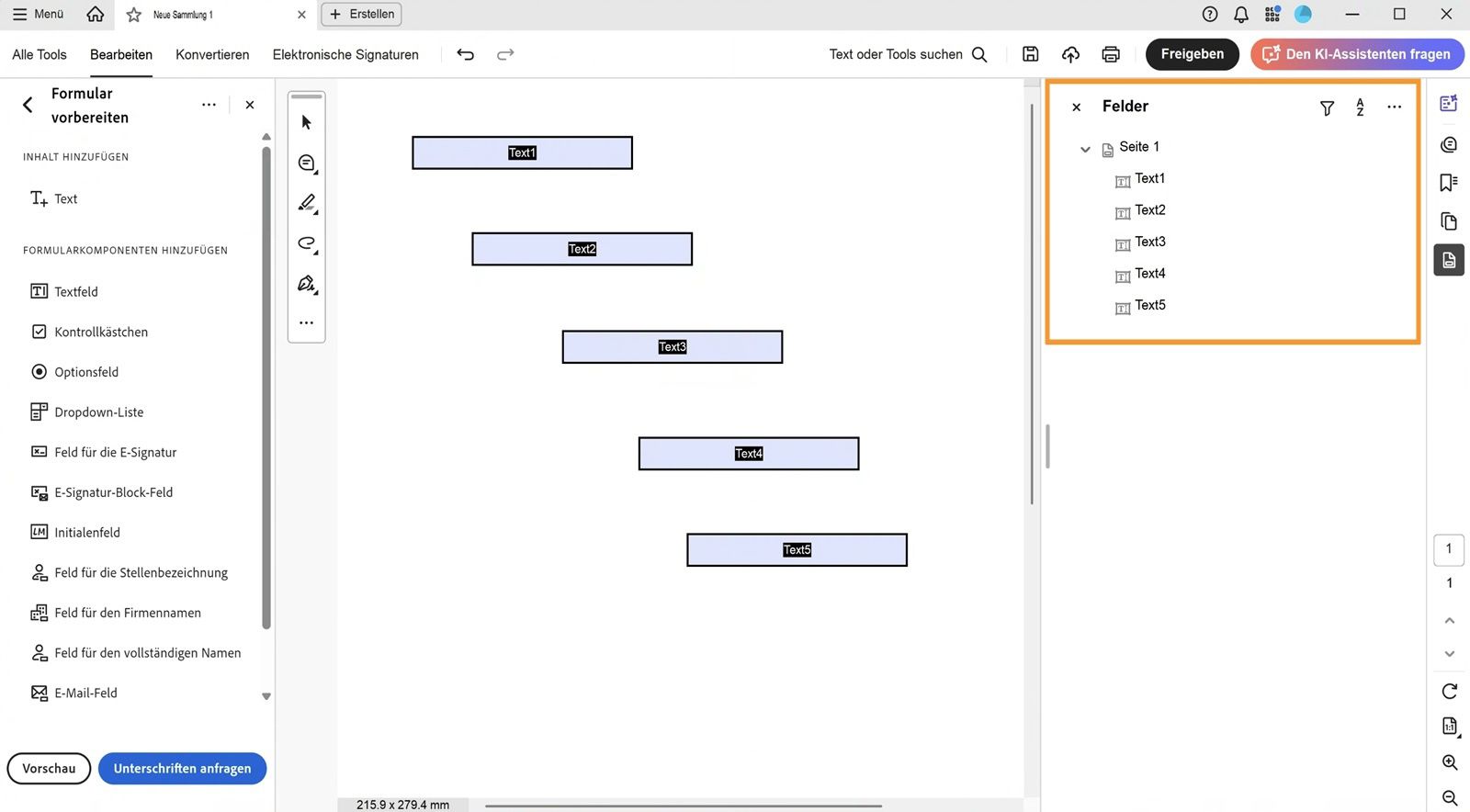 Der Bereich „Felder&quot; zeigt die vorhandenen Formularfelder an, die bearbeitet oder gelöscht werden können. 