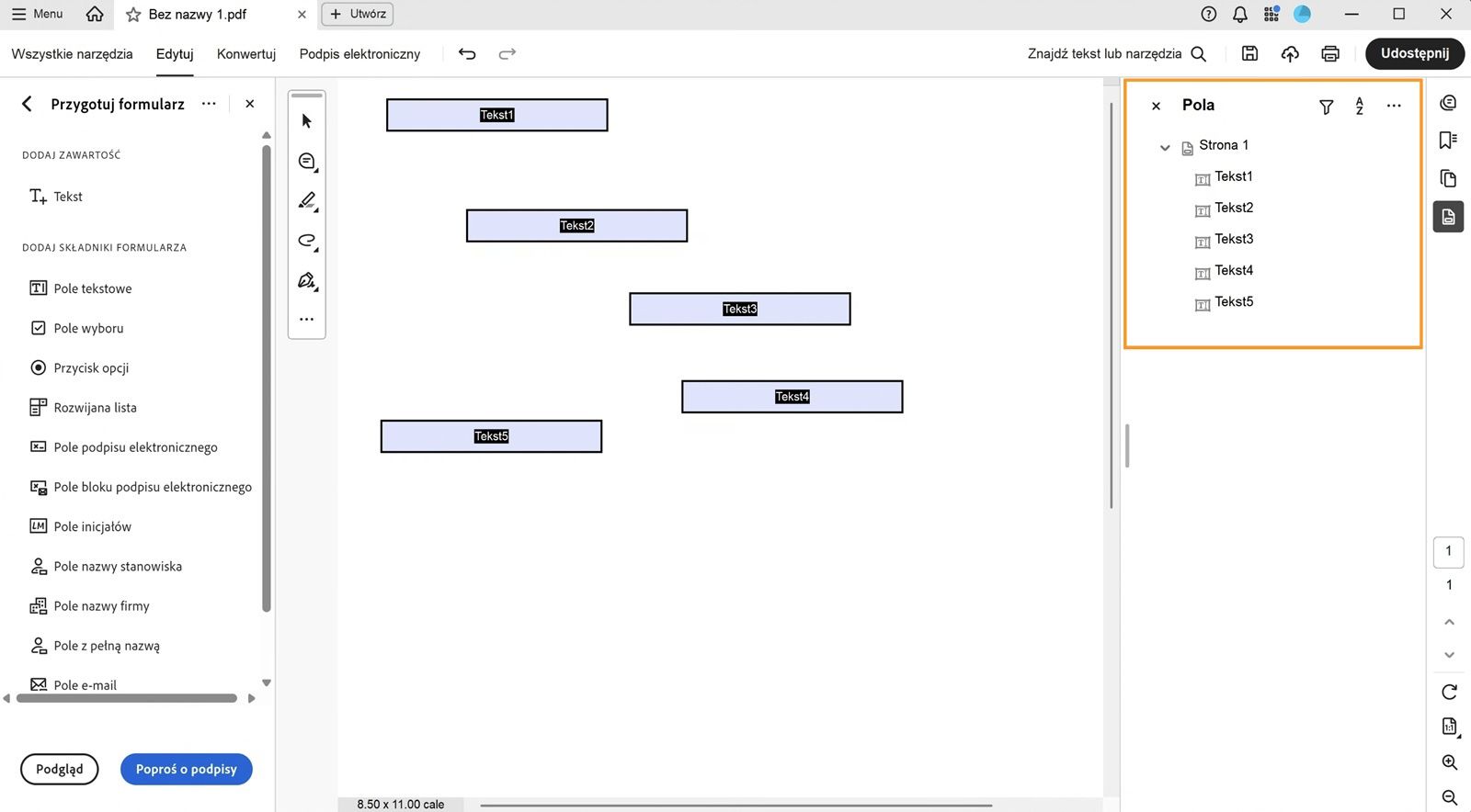 Panel Pola wyświetla istniejące pola formularza, które można edytować lub usuwać. 